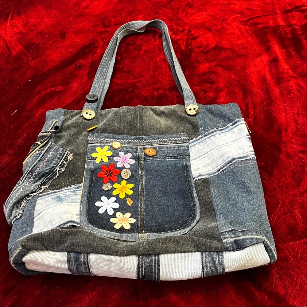 A Hand Crafted Reversible Large Jean Tote Bag made from recycled jeans